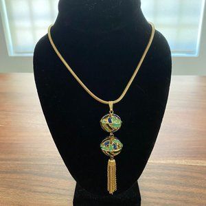 Vintage Enamel Double Ball and Tassel Pendant Necklace